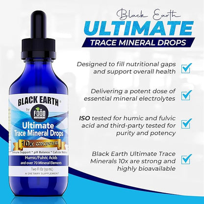 Black Earth Ultimate Trace Minerals 10x Strength, Fulvic Acid & Humic Acid, Non GMO Vegan 2 Ounce Dropper - Ideal Supplement for Athletes