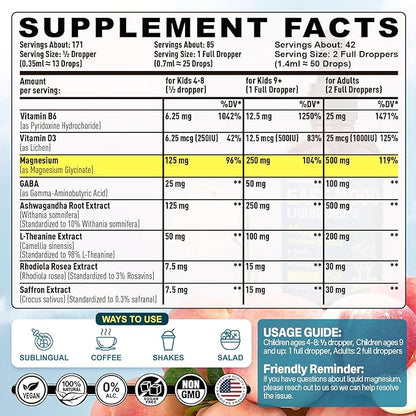 Magnesium Glycinate Liquid Drops for Kids, Adults with GABA, Ashwagandha, L-Theanine, Vitamin D3, B6, Saffron for Brain Calm, Muscle Relaxation, Mood, Zzz- Calm Magnesium Supplement, Vegan, 2 Pack