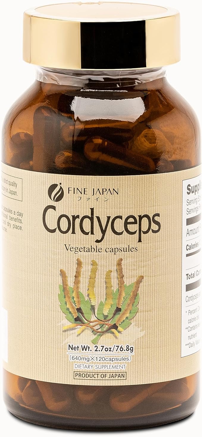 FINE JAPAN Cordyceps Mushroom Capsules - Premium Cordyceps Militaris and Sinensis Extract for Optimal Health Benefits, 100% Authentic Cordyceps in Easy-to-Swallow Capsules