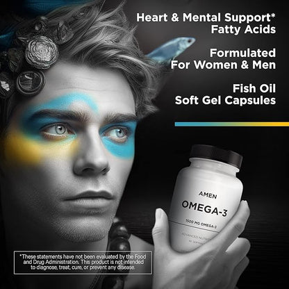 Amen Omega-3 Supplement - 1500mg High-Potency Daily Omega 3 - EPA and DHA Fatty Acids Fish Oil - 45-Day Supply - Fatty Acid Supplements - Fish Oil Pills - Non-GMO - 90 Soft Gels Capsules