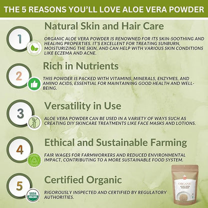Organic Aloe Vera Powder for Skin & Hair – 4 oz. - Aloe Barbadensis - Nourishing Face Mask for Natural Beauty, USDA Certified Organic & Non-GMO