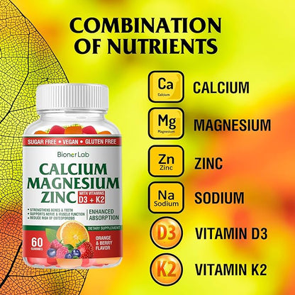 Calcium Magnesium Zinc Gummies with Vitamin D3 & K2 - High Potency Enhanced Absorption - Orange and Berry Flavored