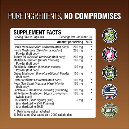 Approved Science Mushroom Complex - Support The Immune System and Cognitive Function - with Lion’s Mane, Chaga, Reishi, Turkey Tail, Shiitake, Oyster, and More - 60 Capsules - Vegan