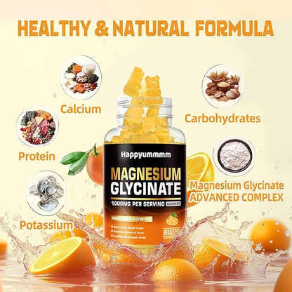 Magnesium Glycinate Gummies 1000mg - Sugar Free Magnesium Potassium Supplement with Vitamin D, B6, CoQ10 for Calm Mood & Sleep Support - 60 Orange Gummies