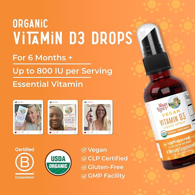 Vitamin D USDA Organic | Vitamin D3 Liquid | Sugar Free | Liquid Vitamin D Spray Immune Support for Adults & Kids | Bone Health | VIT D3 | Vegan | Gluten Free | Non-GMO | 30 Servings