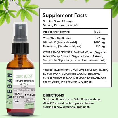 Organic ZINC Boost Mist 40 mg (Extra Strength) - Sugar Free with Vit C and Elderberry Extract - Vegan Liquid Spray for Kids and Adults - Easy Absorption - Non-GMO - (60 ml) 60 Days Supply