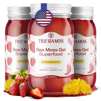 TrueSeaMoss Wildcrafted Irish Sea Moss Gel – Nutritious Organic Raw Seamoss Rich in Minerals, Proteins & Vitamins – Antioxidant Health Supplement, Vegan-Friendly Made in USA (Strawberry, Pack of 3)