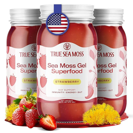 TrueSeaMoss Wildcrafted Irish Sea Moss Gel – Nutritious Organic Raw Seamoss Rich in Minerals, Proteins & Vitamins – Antioxidant Health Supplement, Vegan-Friendly Made in USA (Strawberry, Pack of 3)