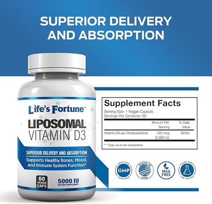 Life's Fortune Liposomal Vitamin D3 5000 IU Supplement Non-GMO, High Absorption, Supports Healthy Bones Mood and Immune System Function, 60 Veggie Caps
