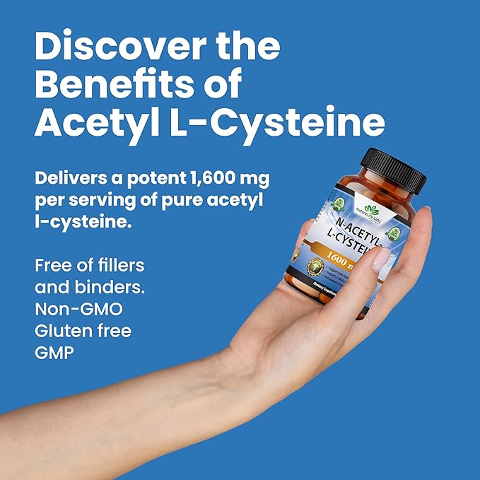 NaturaLife Labs N-Acetyl-L-Cysteine (NAC) 1600 mg Immune Support & Antioxidants*, Free-Radicals, Free Form, Exercise Performance - 100 Veggie Capsules