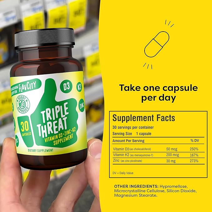 FlavCity Vitamin D3, K2 & Zinc - Triple Threat Supplement - Daily or Seasonal Immune Support - Vitamin D with K2 for Enhanced Absorption - Promote Healthy Bones & Skin (30 Capsules)