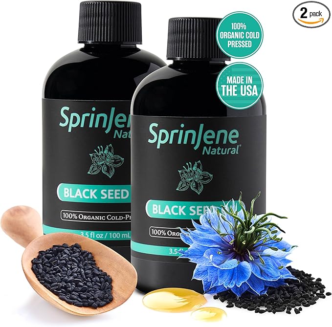 SprinJene Natural® 100% Pure Organic Black Seed Oil Cold Pressed for Oral Wellness, Nigella Sativa Black Seed Oil, Black Cumin Seed Oil Organic, Omega 3 6 9, Nourishes Skin, Supports Joint, 3.5fl 2pk
