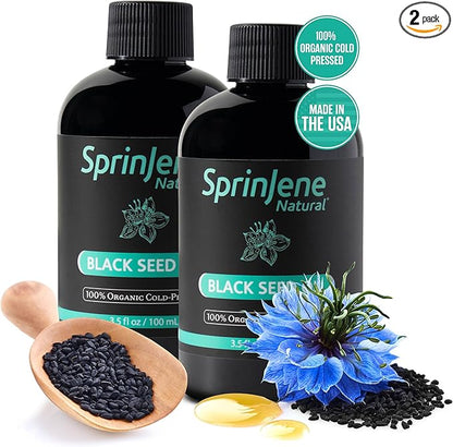 SprinJene Natural® 100% Pure Organic Black Seed Oil Cold Pressed for Oral Wellness, Nigella Sativa Black Seed Oil, Black Cumin Seed Oil Organic, Omega 3 6 9, Nourishes Skin, Supports Joint, 3.5fl 2pk