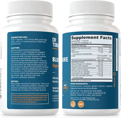 Dr. Tobias Blood Pressure Support Supplement with Hawthorn, Hibiscus Flower, Olive Leaf & Garlic, Supports Normal Circulatory Health with Vitamins C, B6, B12, Niacin, Folate & Herbs, 90 Capsules