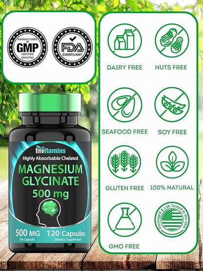 Magnesium Glycinate 500mg Per Capsule - 120 Count | 4 Month Supply! | Pure Chelated Magnesium Supplement for Sleep, Calm, Nerve, Joint, & Bone Support* | AKA Magnesium Bisgycinate | Non-GMO
