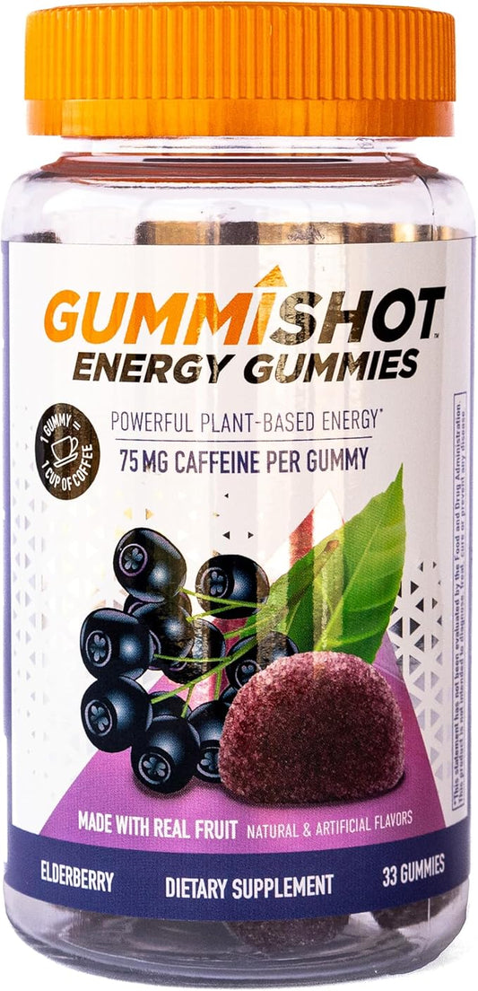 Energy Gummies, 2475mg of Plant-Based Caffeine Chews per Bottle, Long Lasting Energy Boosters, Elderberry (33ct)