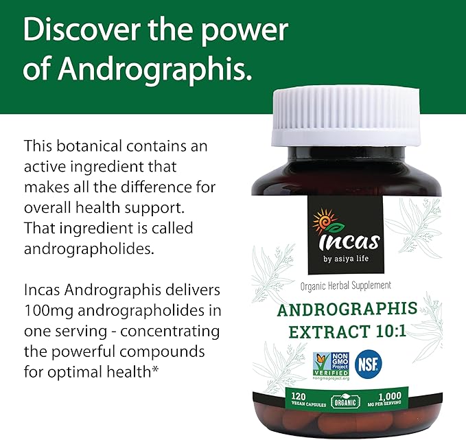 Incas Andrographis Capsules Max Andrographides - 1,000mg Serving Size (120 Capsules) - Clinically Studied for Immune System Health & Non GMO Verified by NSF