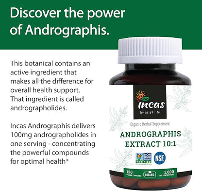 Incas Andrographis Capsules Max Andrographides - 1,000mg Serving Size (120 Capsules) - Clinically Studied for Immune System Health & Non GMO Verified by NSF