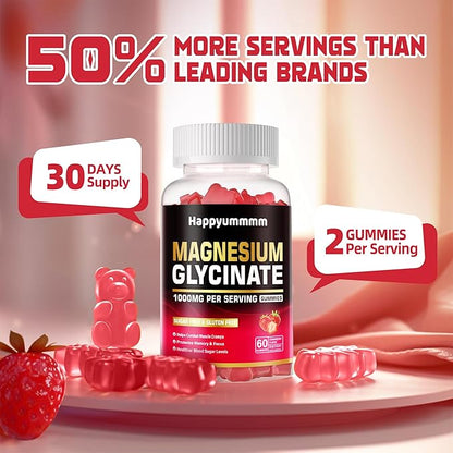 Magnesium Glycinate Gummies 1000mg - Sugar Free Magnesium Potassium Supplement with Vitamin D, B6, CoQ10 for Calm Mood & Sleep Support - 120 Strawberry Gummies