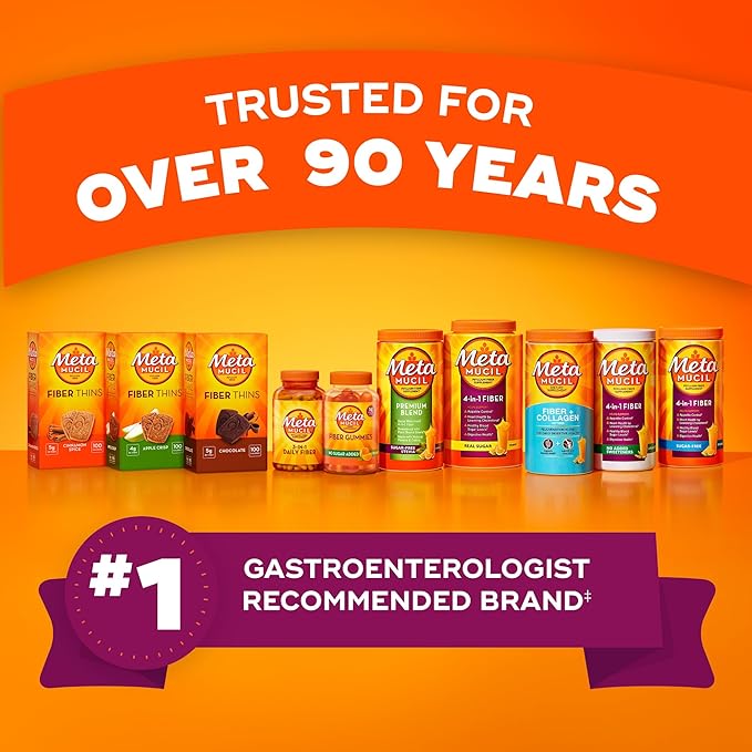 Metamucil Premium Blend, 4-in-1 Fiber Supplement for Digestive Health, Psyllium Husk Fiber Powder, Sugar-Free with Stevia, Plant-Based Fiber Supplement, Orange Flavored, 180 teaspoons