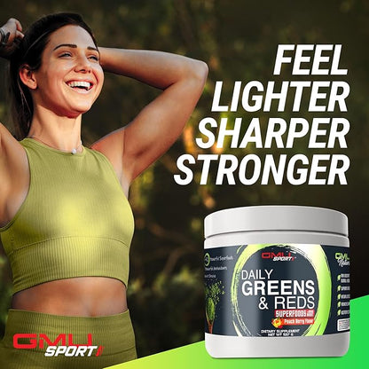 GMU SPORT Greens and Reds Superfood Powder - Reds and Greens Powder Supplement with 42 Superfoods, Antioxidants, Adaptogen and Probiotics for Digestive Health and Mental Focus - Peach Berry