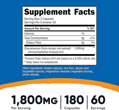Nutricost Glucomannan 1,800mg Per Serving, 180 Capsules (3 Bottles)