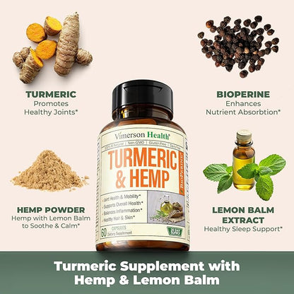 Turmeric Supplement and Hemp Capsules - Turmeric Curcumin with Black Pepper (Bioperine) for Joint, Sleep & Mood Support. Joint Supplements for Women & Men with Tumeric, Hemp & Lemon Balm. 60 Capsules
