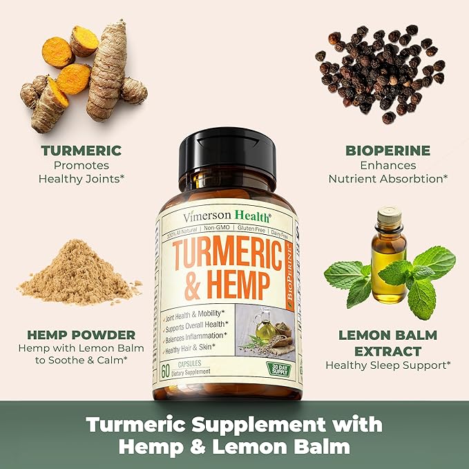 Turmeric Supplement and Hemp Capsules - Turmeric Curcumin with Black Pepper (Bioperine) for Joint, Sleep & Mood Support. Joint Supplements for Women & Men with Tumeric, Hemp & Lemon Balm. 2 Pack
