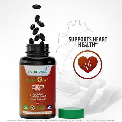 NutriOm3-500mg Antarctic Krill Oil Omega 3 Supplement for Cardiovascular Health - Easy Absorb Heart Supplement with Omega-3, EPA, DHA - Non-GMO, GMP-Certified, Allergen-Free - 60 Softgels