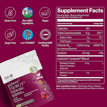 resG prebeet - Prebiotics Drink for Digestion, Occasional Constipation, Gas, Bloating with Akkermansia & GLP-1 Support w/Beet Root & Fiber, Gut Health for Women & Men - 560g (90 Servings)