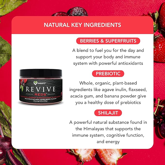 KaraMD Revive Reds | Delicious Polyphenol Energy Booster Supplement | Vegan Friendly, Gluten Free & Non-GMO Superfood Powder | Antioxidants, Shilajit & Enzymes (30 Concentrated Servings)