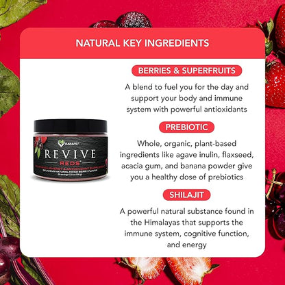 KaraMD Revive Reds | Delicious Polyphenol Energy Booster Supplement | Vegan Friendly, Gluten Free & Non-GMO Superfood Powder | Antioxidants, Shilajit & Enzymes (30 Concentrated Servings)