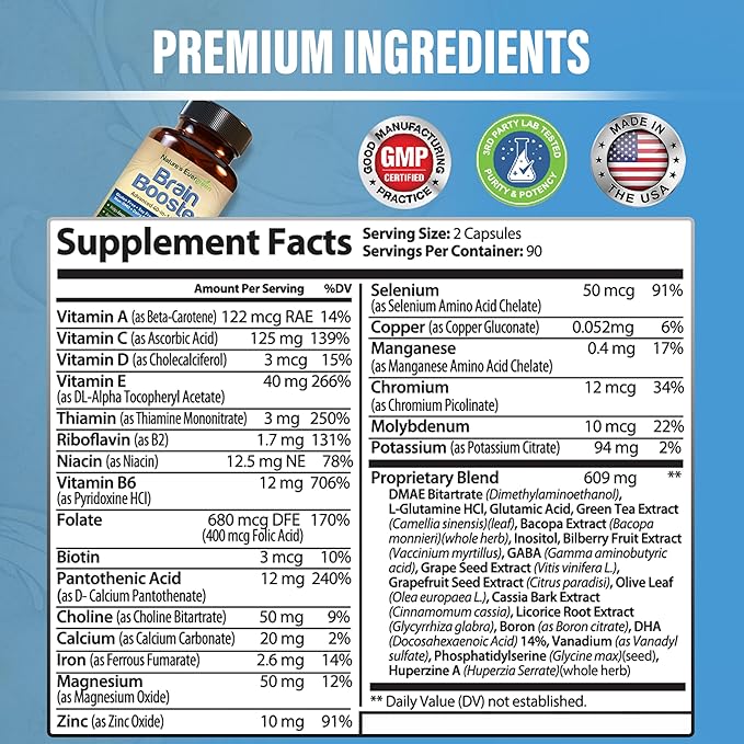 Brain Booster 40-in-1 Formula Supplement for Focus, Memory, Clarity, Energy | for Men & Women, Cognitive Function Nootropic Support with DMAE, Brain Health Formula | (180 Capsules - 90 Day Supply)