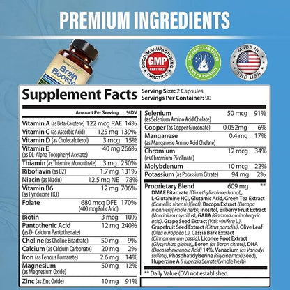 Brain Booster 40-in-1 Formula Supplement for Focus, Memory, Clarity, Energy | for Men & Women, Cognitive Function Nootropic Support with DMAE, Brain Health Formula | (180 Capsules - 90 Day Supply)