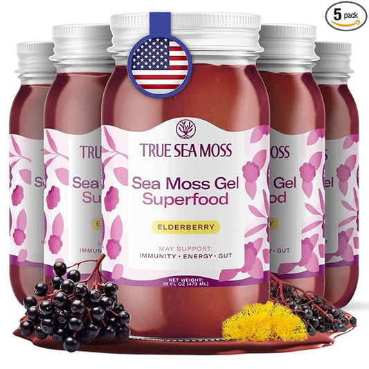 TrueSeaMoss Sea Moss Gel – Made in USA – Wildcrafted Seamoss, Fresh Fruits & Sea Vegetables – Elderberry, Pack of 5 (Labels may Vary)