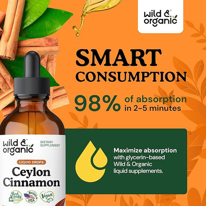 Wild & Organic Ceylon Cinnamon Tincture 500 mg - Liquid Cinnamon Supplements for Overall Support - Cinnamomum Verum Bark Extract - Vegan, Sugar & Alcohol-Free, Non-GMO - 4 fl oz