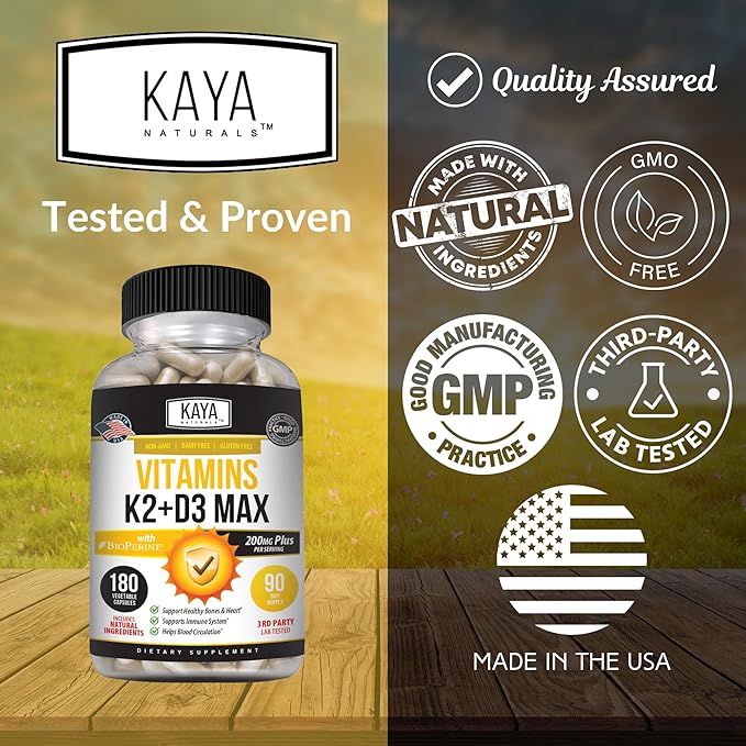 Kaya Naturals Vitamins K2 with D3 5000IU Supplement for Men and Women - Easy to Swallow - Bioperine Capsules (180 Count (Pack of 1)
