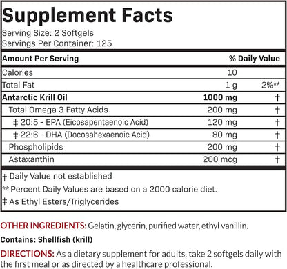 Futurebiotics Antarctic Krill Oil 1000mg with Omega-3s EPA, DHA, Astaxanthin and Phospholipids - 100% Pure Premium Krill Oil Heavy Metal Tested, Non GMO – 250 Softgels (125 Servings)