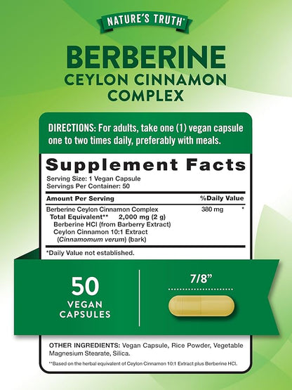 Nature's Truth Berberine with Ceylon Cinnamon Complex | 2,000mg | 50 Vegan Capsules | Vegan, Non-GMO, and Gluten Free Supplement