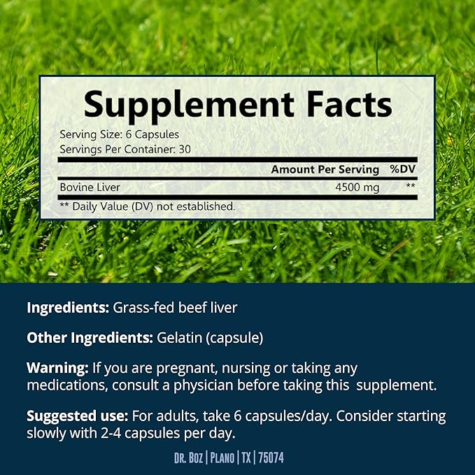 Dr. Boz - Beef Liver Capsules, 30 Servings - 4500mg Cow Liver - Energy, Immunity, & Health - Vitamin A, B12, Zinc, & Iron Supplement - Grass Fed & Pasture Raised Cows - Made in The USA - Self Care