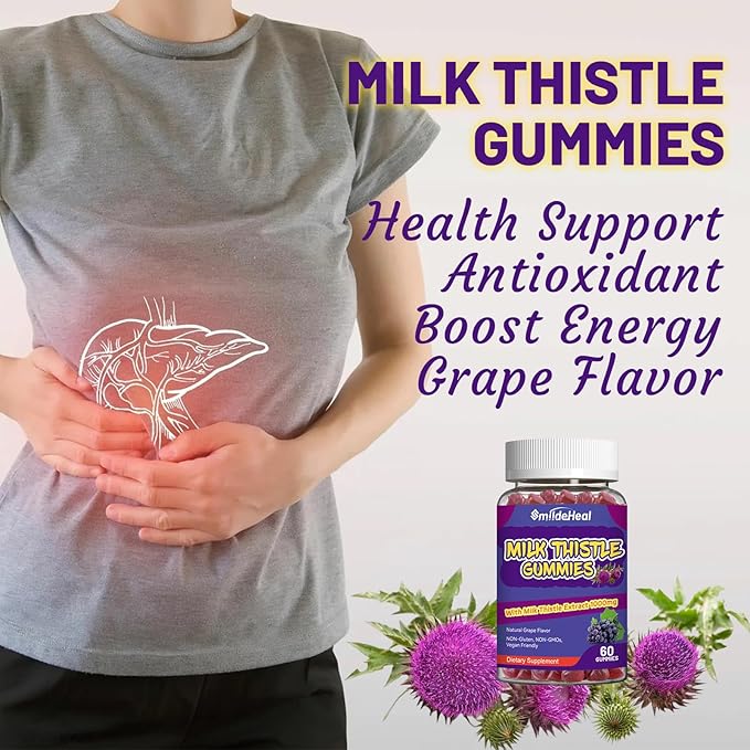 Milk Thistle Gummies, Milk Thistle Extract 1000mg, Liver Detox, Antioxidant Support, Non-GMOs, Non-Gluten, Vegan, Milk Thistle Supplement, 60 Count