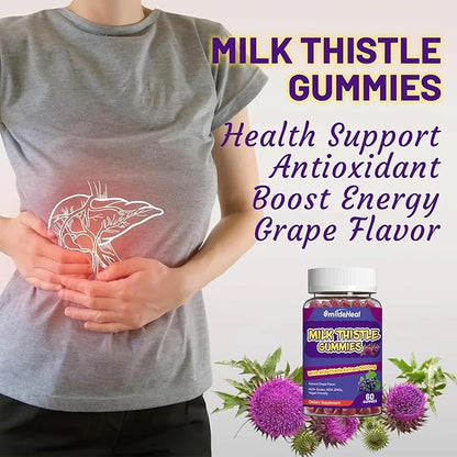 Milk Thistle Gummies, Milk Thistle Extract 1000mg, Liver Detox, Antioxidant Support, Non-GMOs, Non-Gluten, Vegan, Milk Thistle Supplement, 60 Count