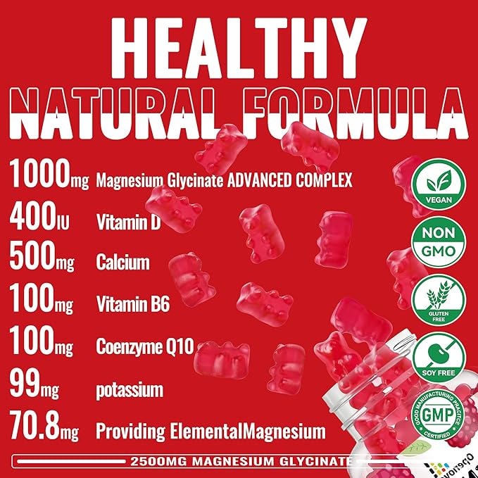 Magnesium Glycinate Gummies 2500mg - Sugar Free Magnesium Potassium Supplement with Vitamin D, B6, CoQ10 for Calm Mood & Sleep Support - 90 Raspberry Gummies