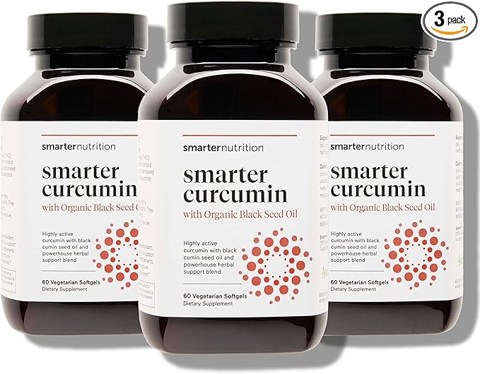 Smarter Nutrition Curcumin Softgels - Vegan High Absorption 400 mg Curcumin Supplement Standardized to 95% Tetrahydrocurcuminoids + Organic Black Seed Oil & Ginger for Joint & Immune Health - 180 Ct