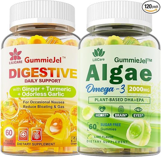 Sugar Free Omega 3 Fatty Acid 2000mg With 640mg DHA & 290mg EPA, Multivitamin, CoQ10, Astaxanthin + Ginger Filled Gummies for Nausea - Stomach Relief - Ultra Absorption for Digestive Support