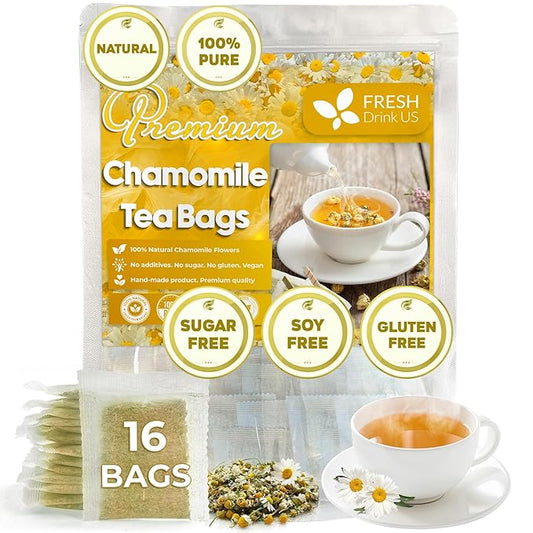 FRESHDRINKUS, Premium 16 Chamomile Tea Bags, 100% Natural and Pure Chamomile Flowers, Eco-conscious Tea Bags. Chamomile Flower Herbal Tea. No Sugar, No Caffeine, No Gluten, Vegan.