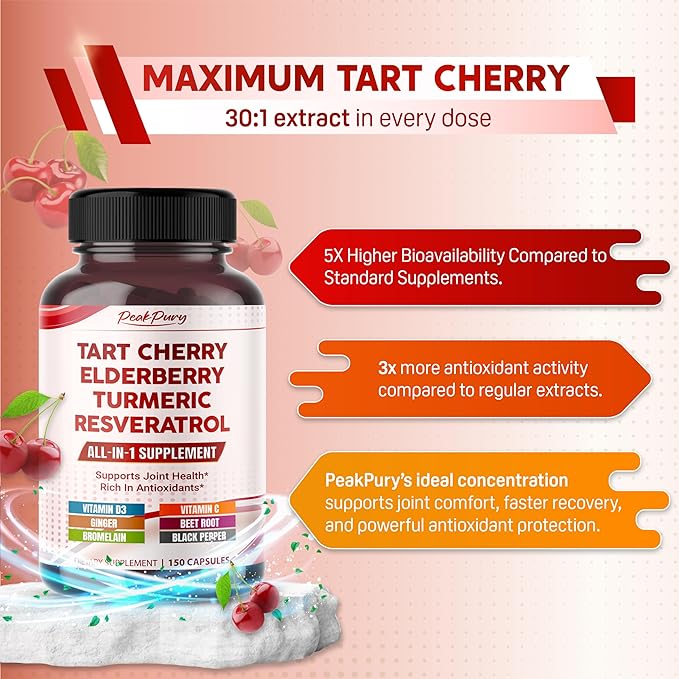 Tart Cherry Elderberry Turmeric Resveratrol - Rich in Antioxidants, Support Joint Health - Made in The USA
