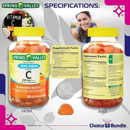 Spring Valley Zero Sugar Vitamin C Gummies Dietary Supplement 250 mg 120 Ct 3 pk (360 Total) + Vitamin Guide & Pill Container (5 Items)!