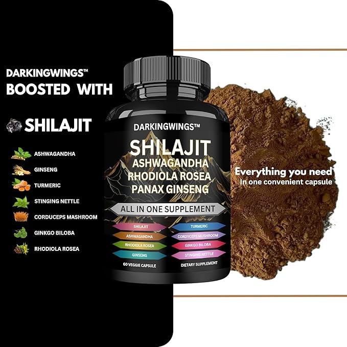 8-in-1 Shilajit 9000 Panax Ginseng 1500MG Ashwagandha 2000MG Rhodiola Rosea 1000MG, Turmeric 500MG, Gingko Biloba 500mg, Stinging Nettle 250MG, Cordyceps Mushroom 500mg for Full Body Power
