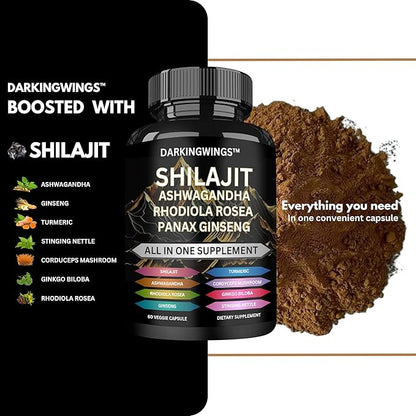 8-in-1 Shilajit 9000 Panax Ginseng 1500MG Ashwagandha 2000MG Rhodiola Rosea 1000MG, Turmeric 500MG, Gingko Biloba 500mg, Stinging Nettle 250MG, Cordyceps Mushroom 500mg for Full Body Power